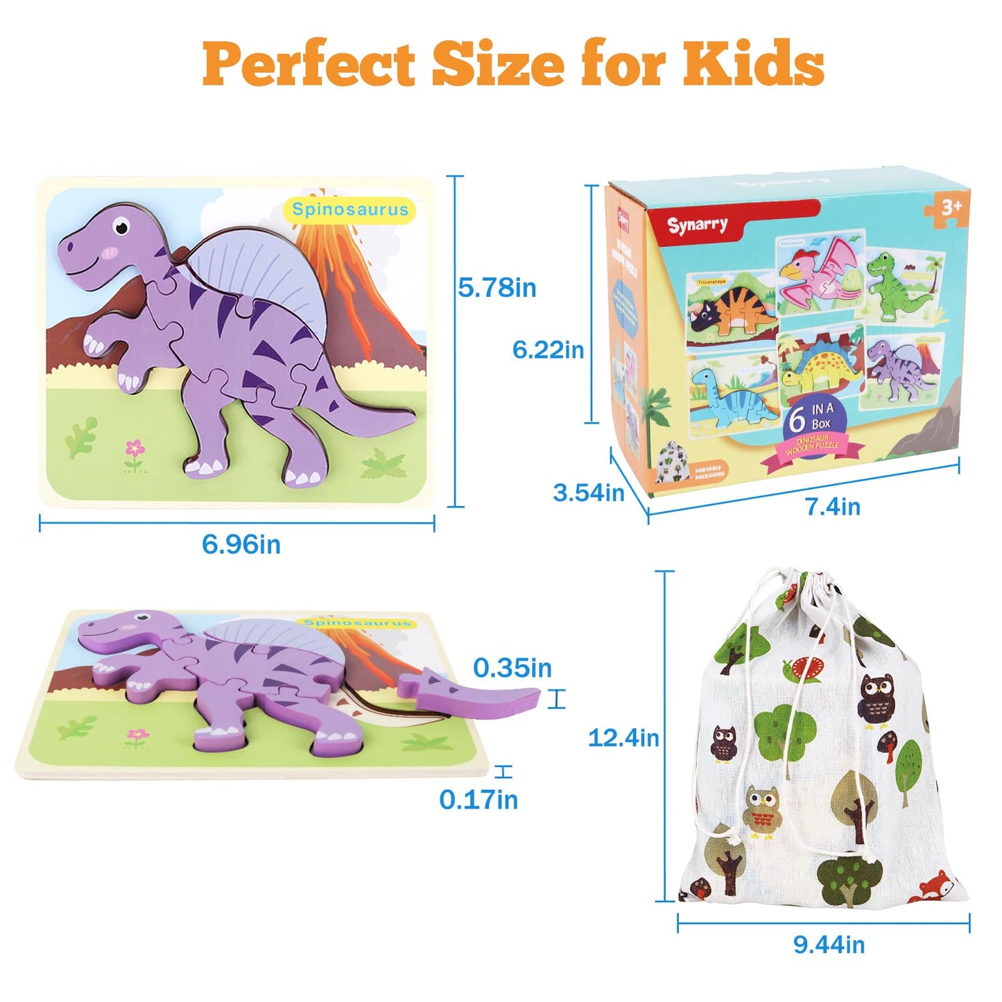 Synarry 6 Pack Dinosaur Wooden Puzzles For Kids 2-5, Wooden Puzzles For Toddlers, Dinosaur Puzzles For Toddlers 2 3 4 5 Year Old, 3D Dinosaur Puzzles Educational Preschool Toys For Boys And Girls