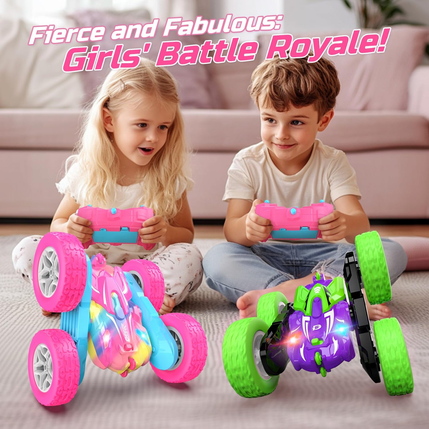 DEERC Rainbow Remote Control Car for Girls, Pink RC Cars Toy with LED Lights, 2.4 GHZ Double Sided RC Stunt Drift Car 360Rotatin
