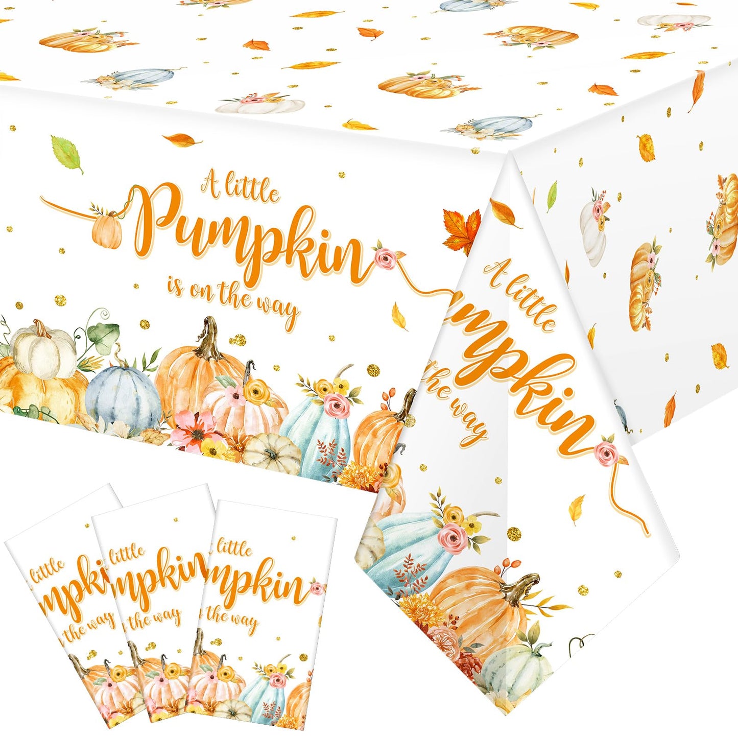 WovWeave 3 Pack Little Pumpkin Tablecloths Fall Baby Shower Party Decorations for Boy Girl A Little Pumpkin is On The Way Table