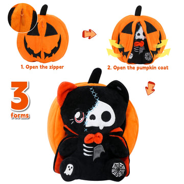 yohica Christmas Halloween Pumpkin Plush Toy,8'' Reversible Halloween Vampire Bear Cat Stuffed Animals with Vampire Cloak,Pumpki