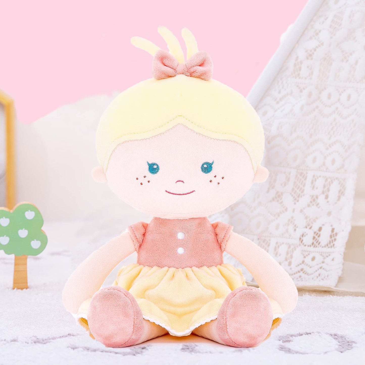 Onetoo Soft Baby Doll For Girls Plush Rag Doll Sleeping Cuddle Buddy Doll First Baby Doll Wear Yellow Dress 14'