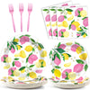 Obusatt 96Pcs Pink Lemon Party Supplies Lemon Paper Plates Napkins Lemons Summer Party Decoration Disposable Pink Lemonade Table