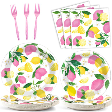 Obusatt 96Pcs Pink Lemon Party Supplies Lemon Paper Plates Napkins Lemons Summer Party Decoration Disposable Pink Lemonade Table