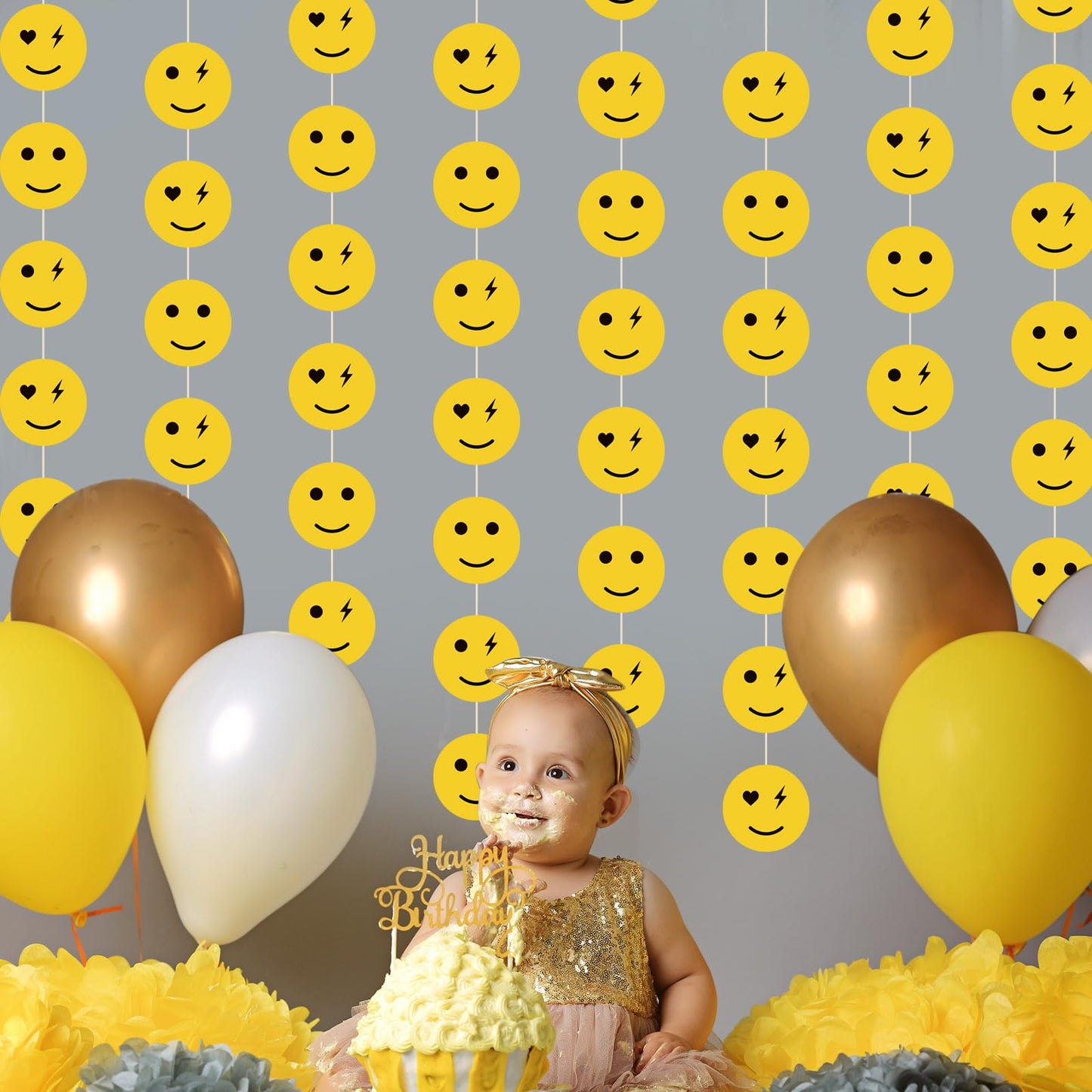 Sinload 8 Pieces Smile Face Party Decorations Yellow Smile Garland Banners Preppy Smile Paper Cutouts for One Happy Dude Birthda