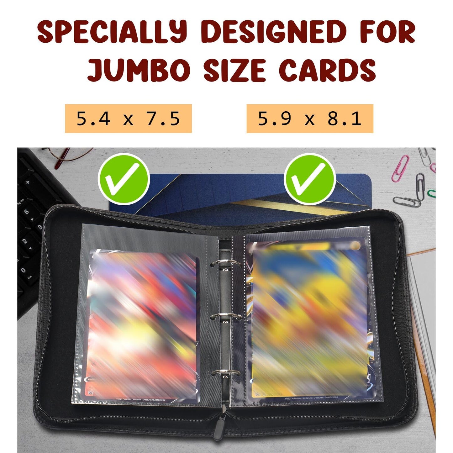 Jumbo Card Binder HYMENEX 80 Pockets Trading Card Binder with 40 Removable Sleeves and Zipper for Jumbo Oversized Cards - Portable & Lightweight 5.9 x 8.1 (Size XL)