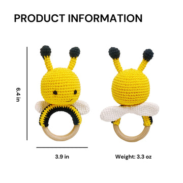 Bunny Wooden Baby Rattle, Crochet Bee Rattle Toy, Handmade Bee Stuffed Animal, Eye-Catching Colored Toy For Toddlers, Bumble Bee