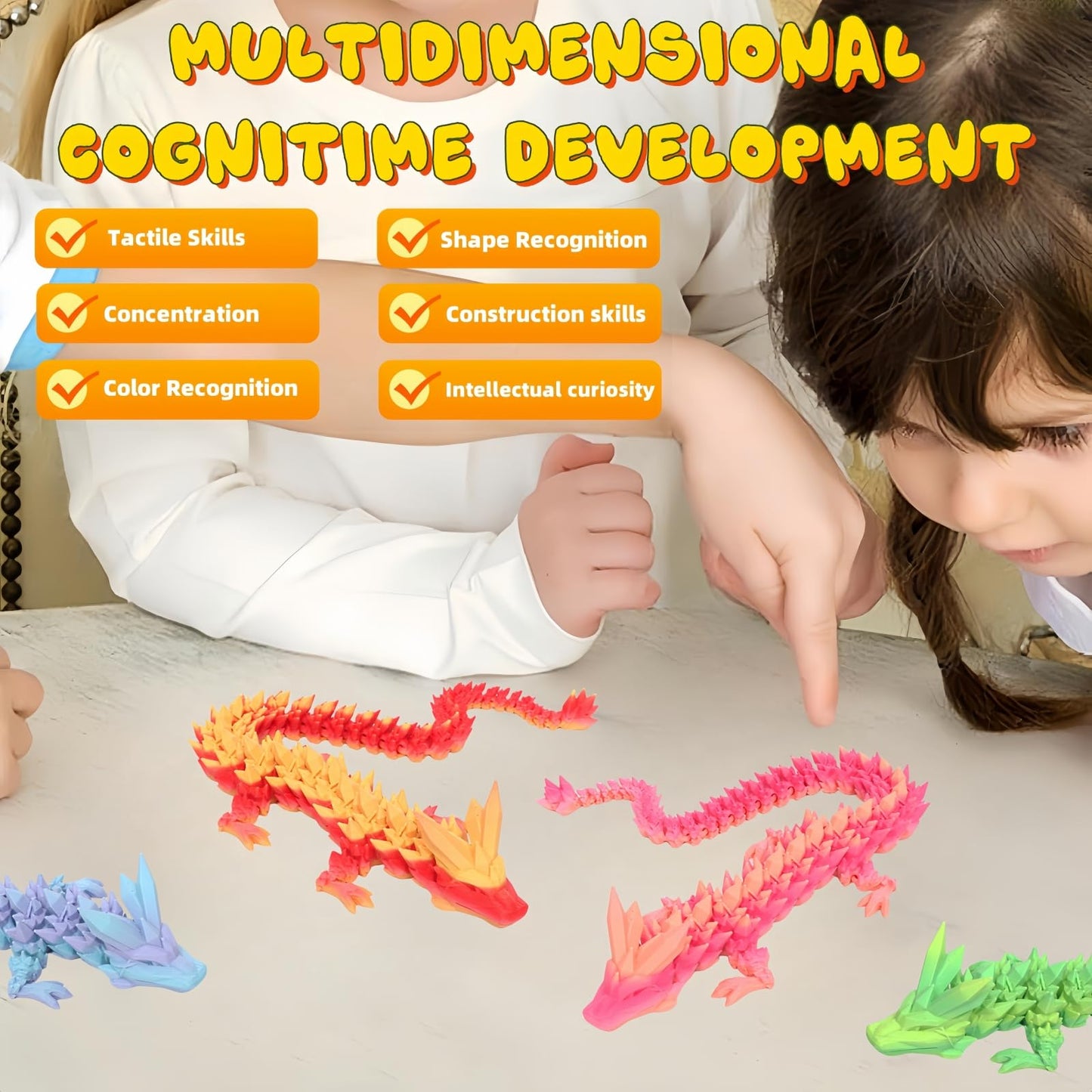 Mayical 4Pcs 12'' 3D Printed Dragons - 3D Printed Animals For Flexible Articulated Crystal Dragons, Perfect Children'S Day Gifts