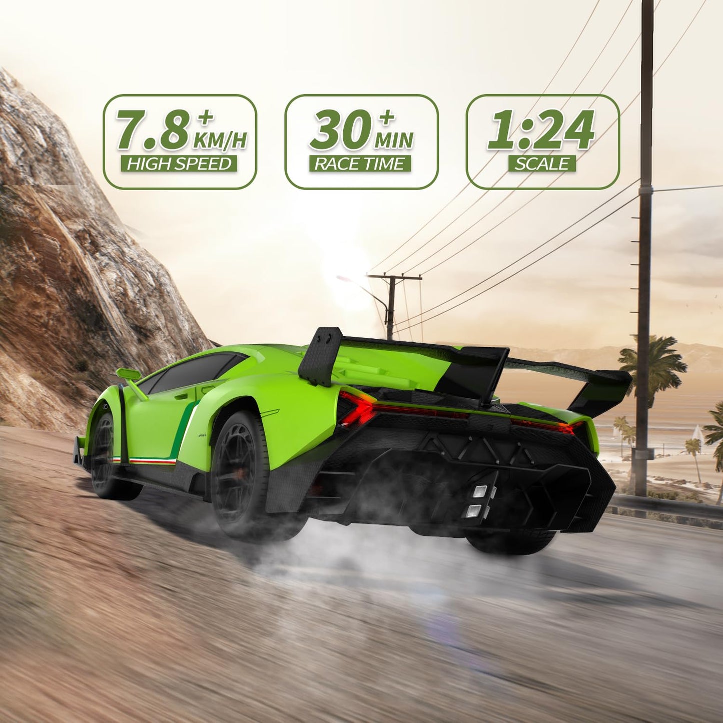WONDER DREAM Lamborghini VENENO Remote Control Car 1:24 Scale Green LED Toy for Boys Age 3-12 Christmas Birthday Gift