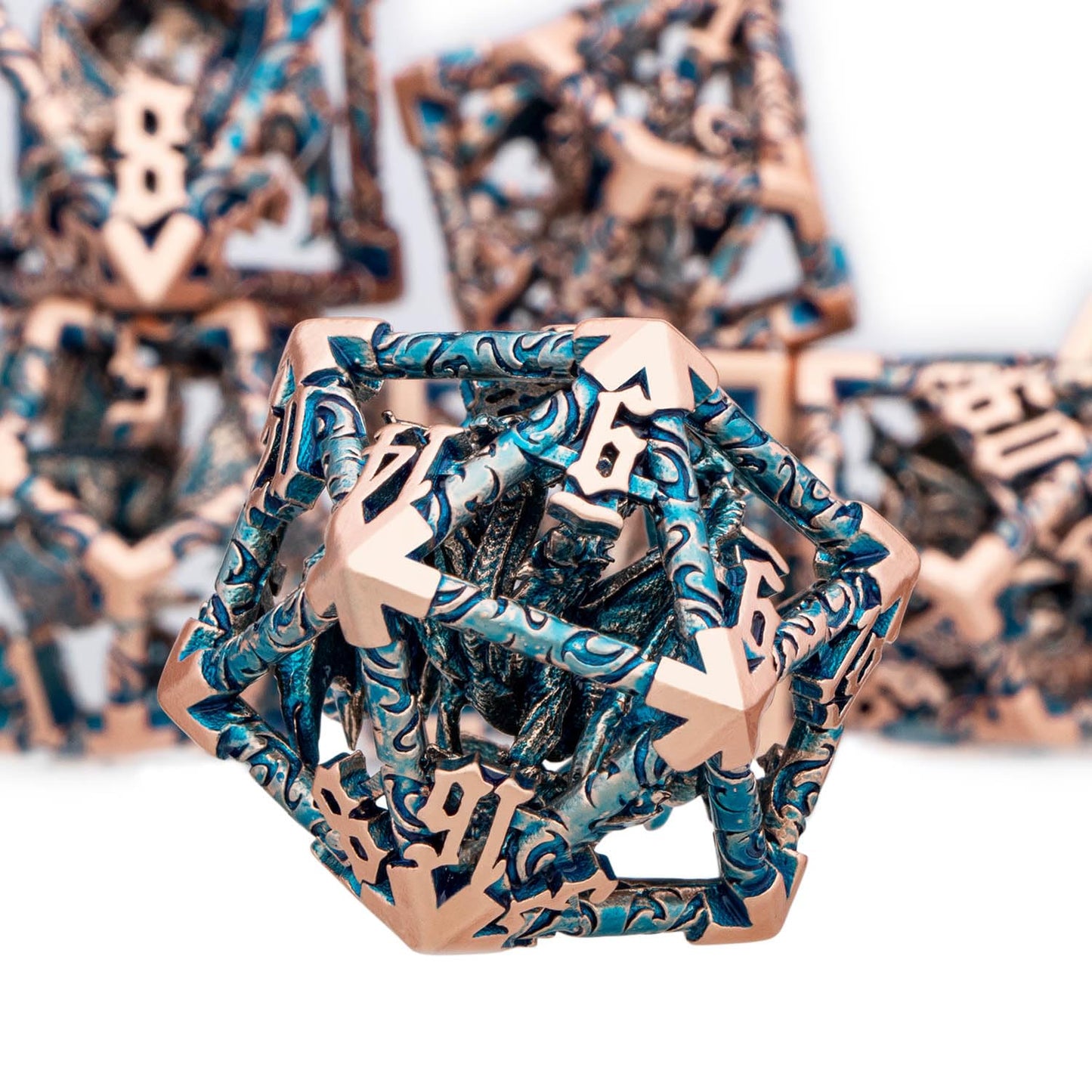 ARUOHHA Hollow DND Dice Set Copper Blue 5-Headed Dragon D and D Dice with Gift Box, Dungeons and Dragons Role Playing Games 7PCS