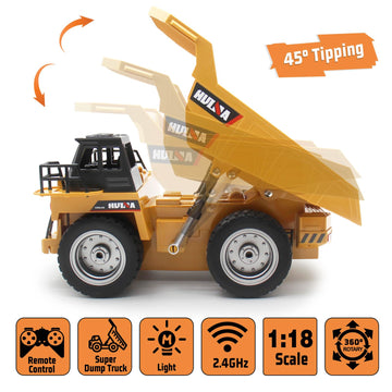 fisca Remote Control Dump Truck 2.4Ghz RC Truck 9 Channel 4WD Mine Construction Vehicle Toy with LED Light and Metal Cab for Kid