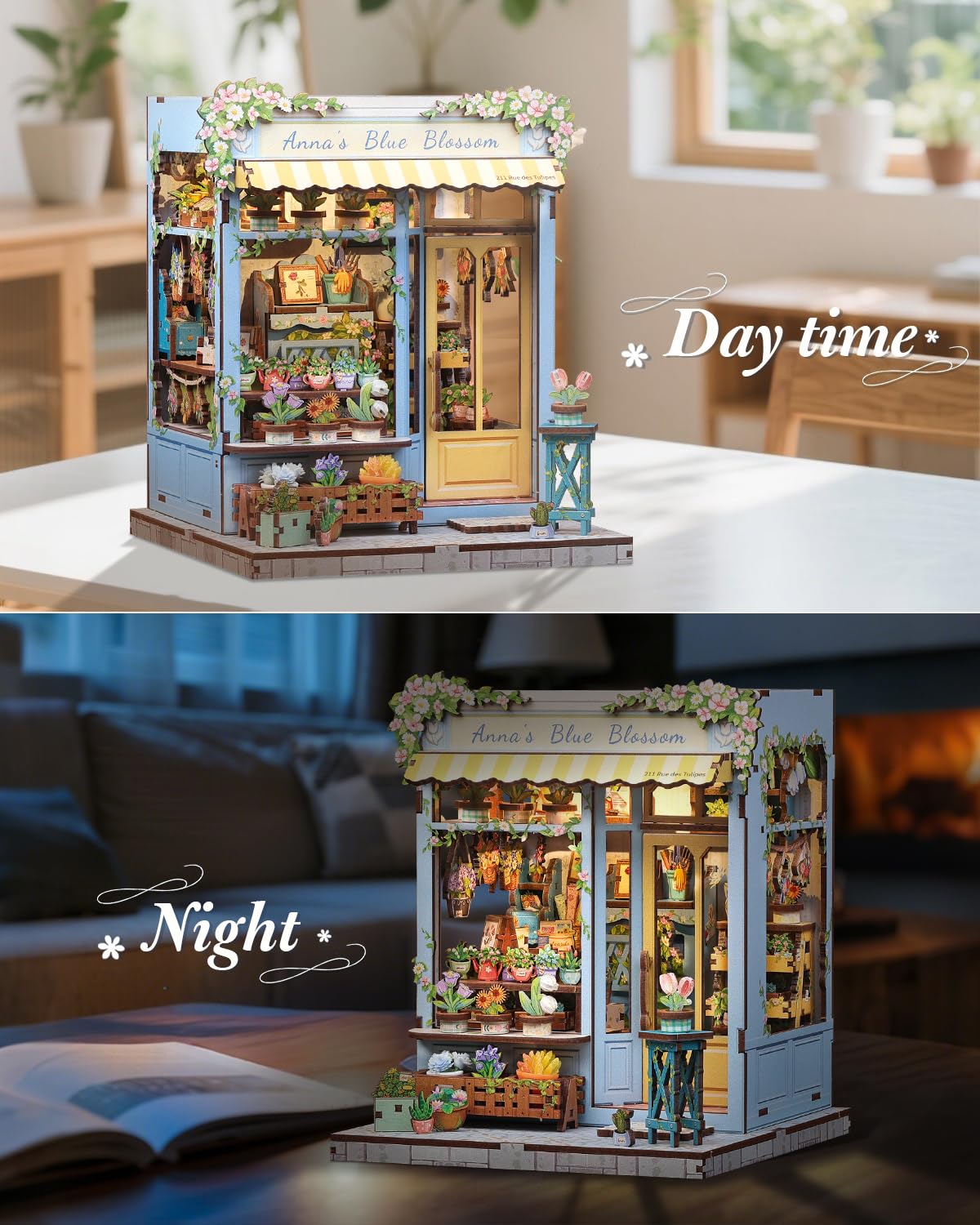 CUTEBEE Book Nook Kit - DIY Miniature House Dollhouse Kit for mature-themed and Teens Booknook Bookshelf Decor Alley Model Build with LED Light Gifts for Family and Friends (Anna 's Blue Blossom)