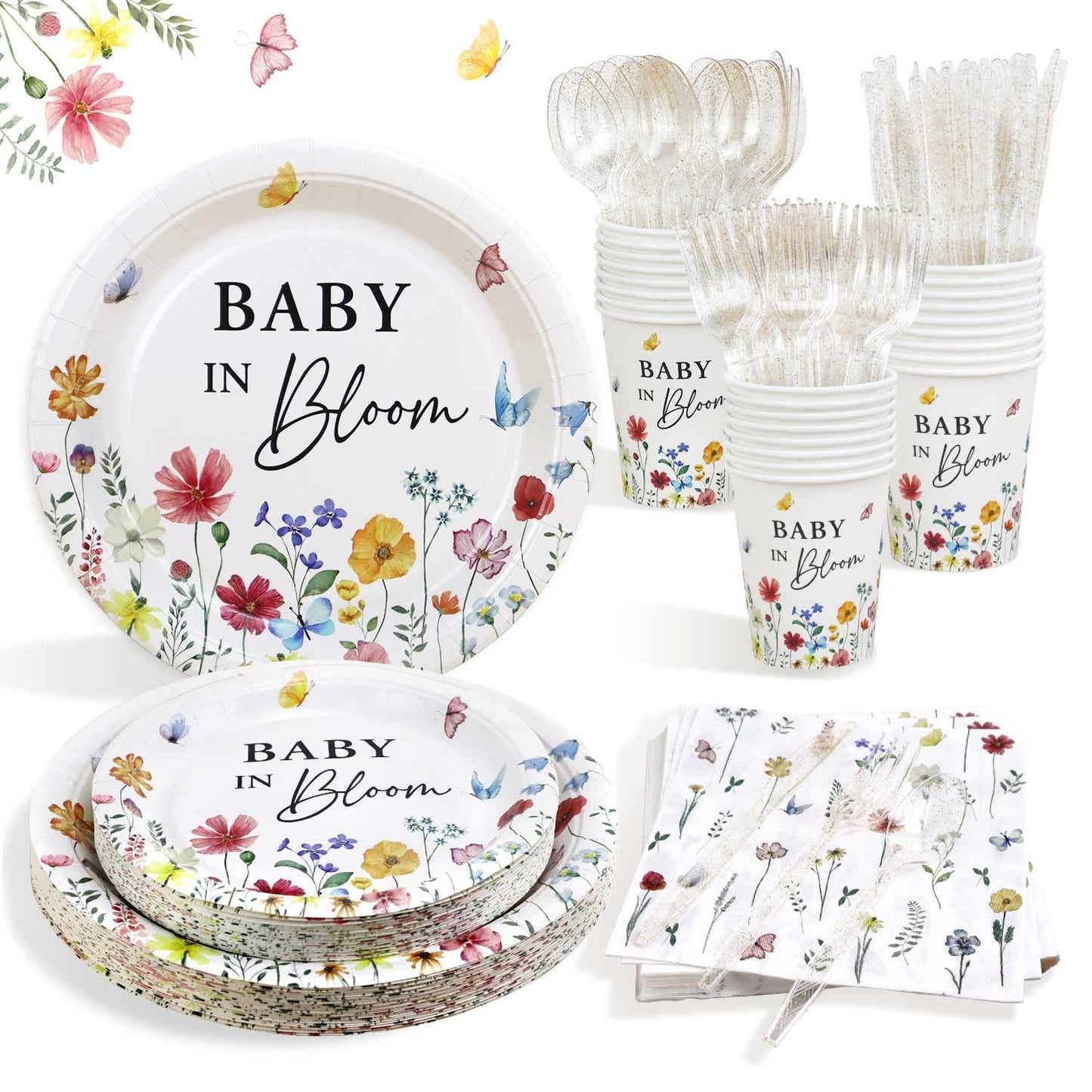 Lopeastar 175Pcs Spring Baby In Bloom Baby Shower Decorations Plates Set, Wildflower Floral Baby Shower Paper Plates Napkins Cup