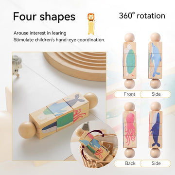 Promise Babe Wooden Animal Puzzle Toy For Toddlers 1-3, Rotating Spin Twist Blocks Set Of 2, Learning Educational Montessori Toy