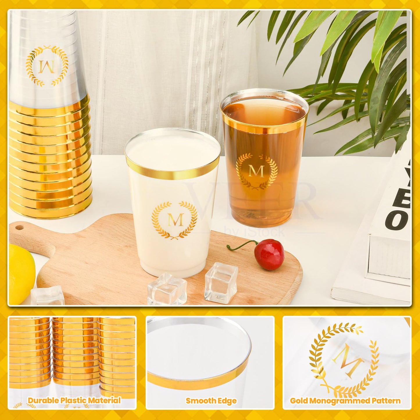Datyiiha 100 Pieces Monogrammed Plastic Cups Gold Foil Letter M Disposable Cups 12 Oz Clear Initial Party Cups For Wedding Birth