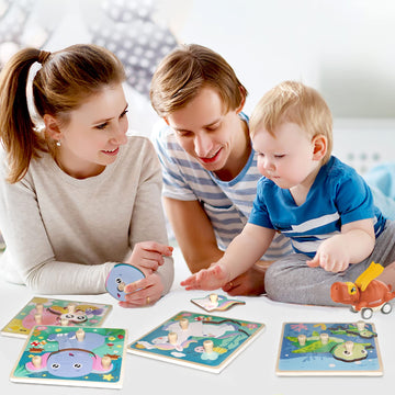 Wooden Toddler Puzzles, Funsland Peg Puzzles Gifts Toys, 4 Pcs Eco Friendly Animal Patterns Jigsaw with Handles, Infant Kid Fine