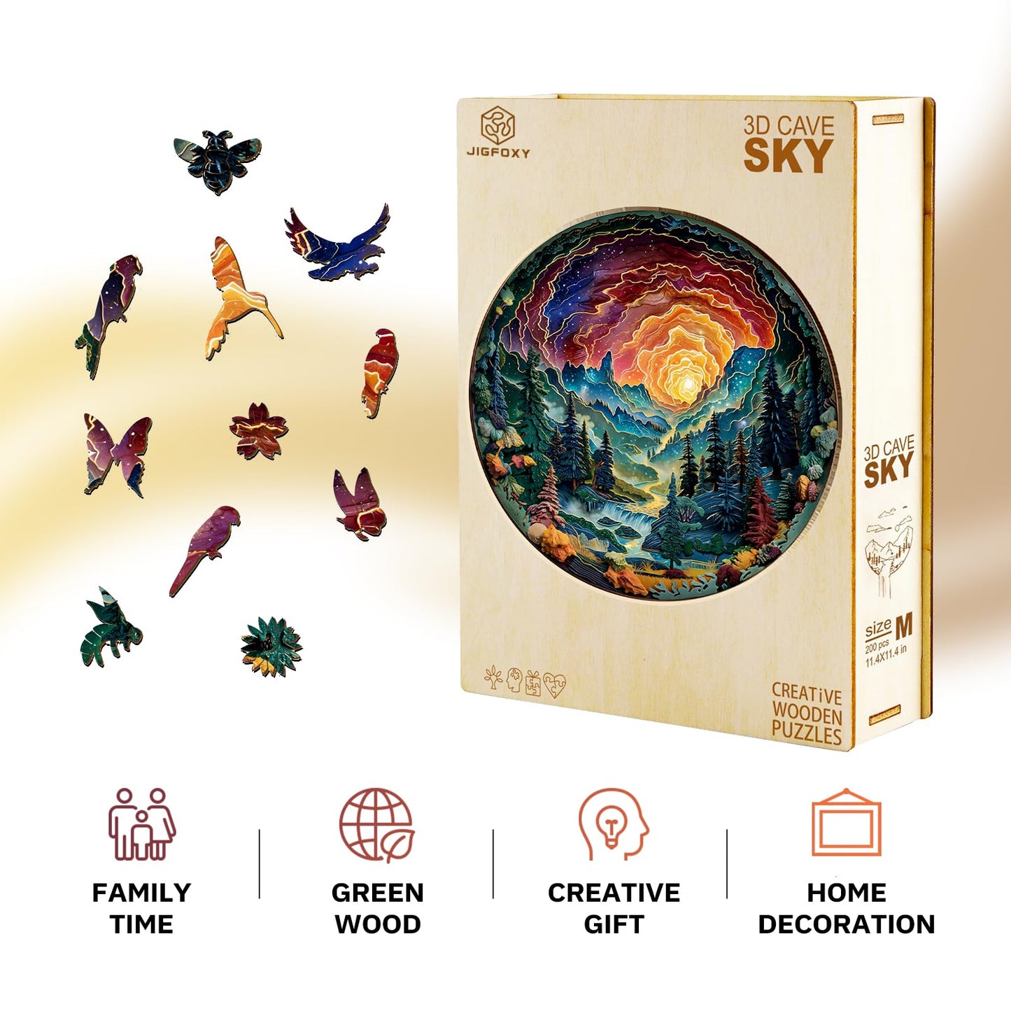 Jigfoxy Wooden Puzzles for mature-themeds Visual 3D Cave Sky Wood Puzzles mature-themed Unique Animal Shape Wooden Jigsaw Puzzles Birthday Gifts for Puzzles Lovers Family Friend (M-11.4 * 11.4in-200pcs)