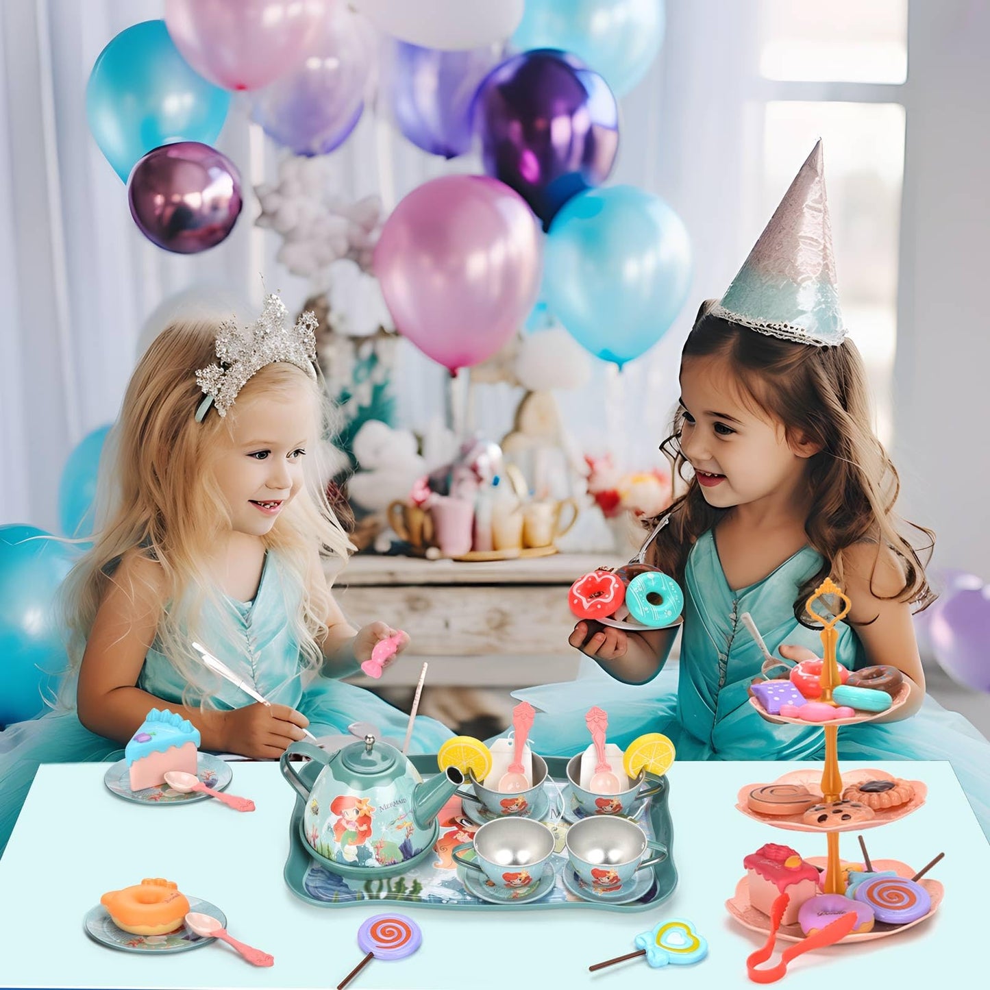 Lajeje 52Pcs Mermaid Tea Party Set for Little Girls, Pretend Tin Teapot Set with Metal Carrying Case, Little Mermaid Princess To