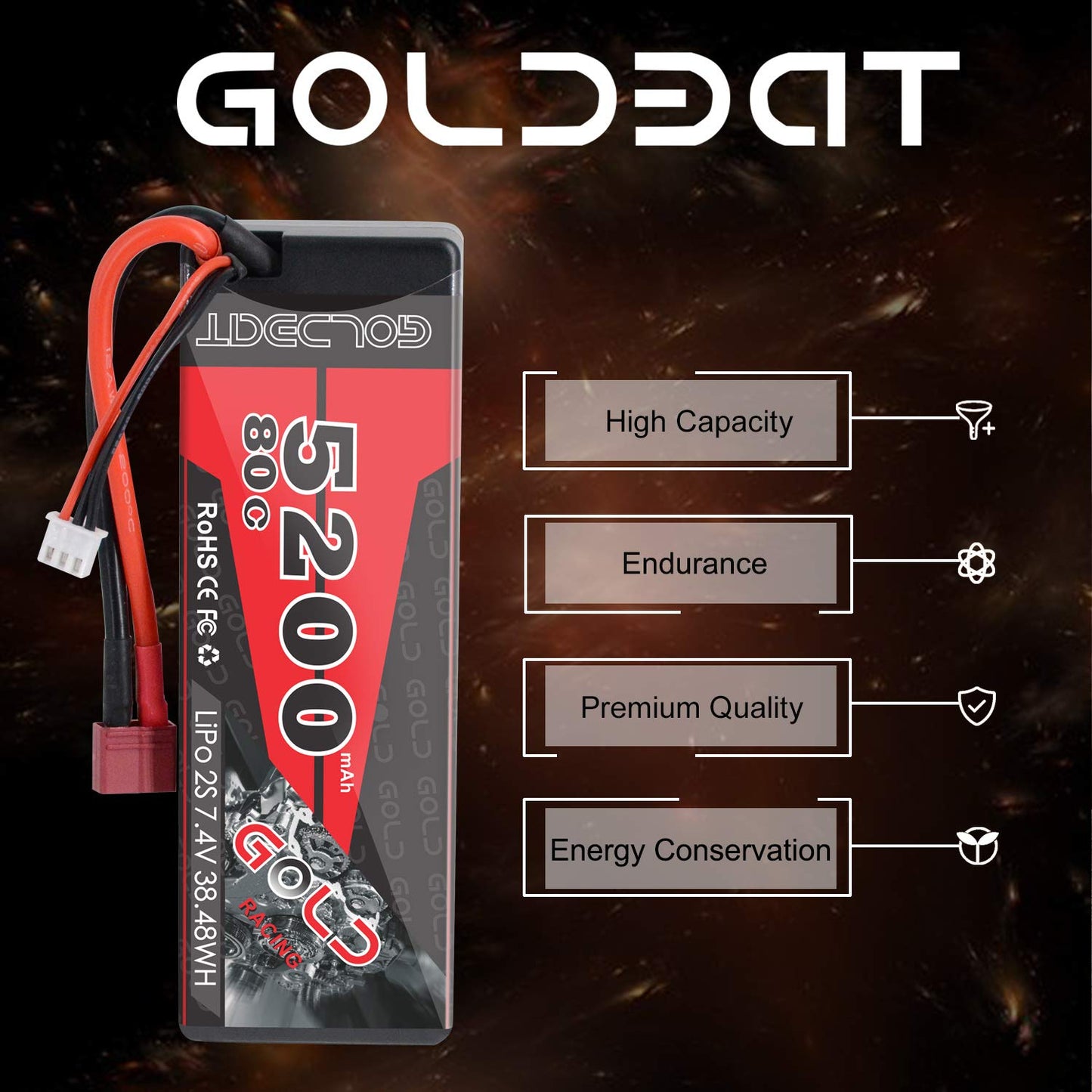 GOLDBAT 5200mAh 80C 2S 7.4V RC LiPo Battery Hard Case with Deans Plug for RC Evader BX Car RC Truck RC Truggy Racing (2 Packs)