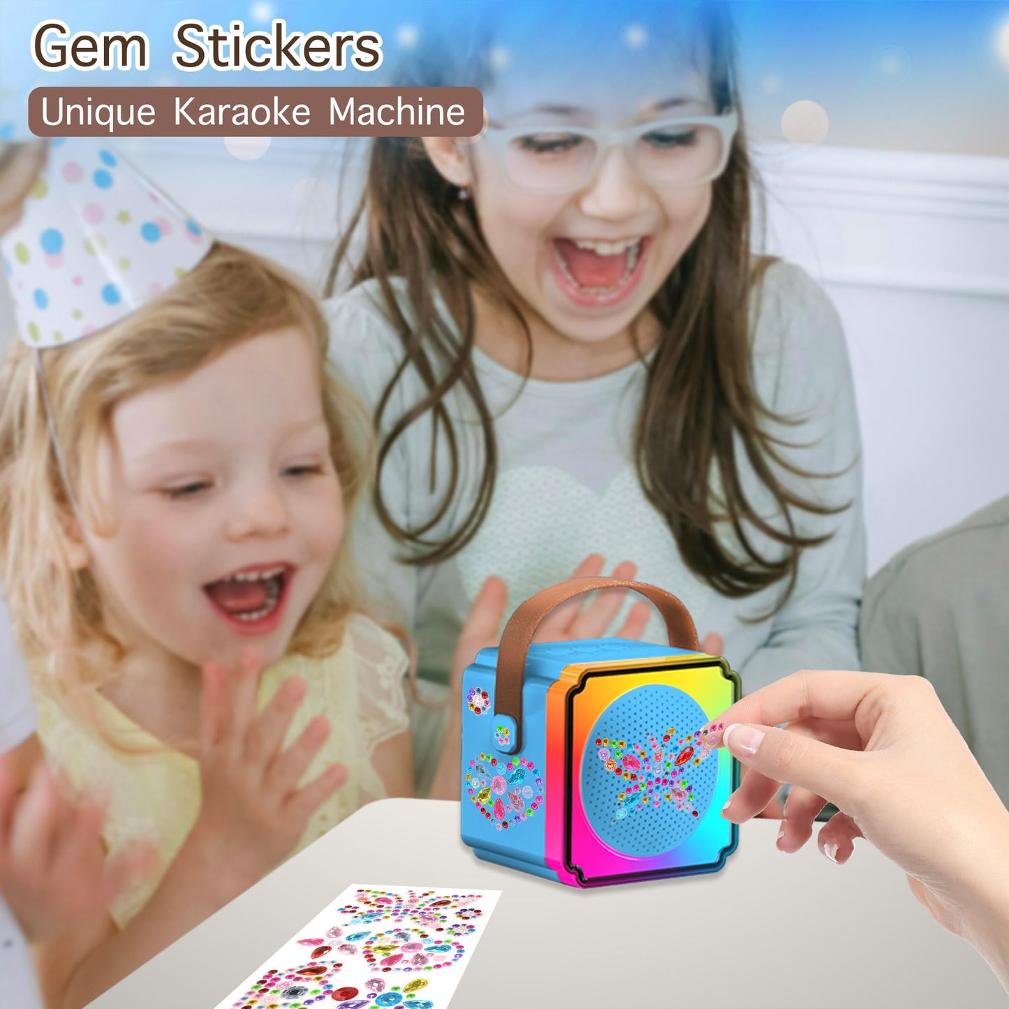 Mini Karaoke Machine With 2 Wireless Microphones, Adults Kids Toys, Gems Stickers, Portable Bluetooth Speaker, Christmas Birthday Gifts For Girls 4, 5, 6, 7, 8, 9 + Year Old (Blue)