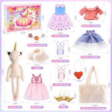 Toylink Ballerina Unicorn Doll Stuffed Animal Toys For Girls - Plush Bag | 3 Set Cloth Accessories | Ballet Shoes, Kids Pretend Play Doll Pet Care, Christmas Birthday Gift For 3 4 5 6 Year Old Girls