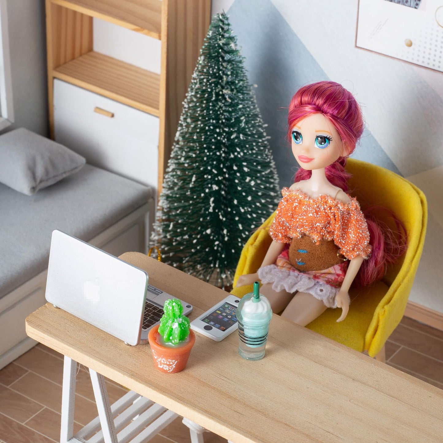 12Pcs Dollhouse Miniature Laptop Computer Tablet Phone Lamp Book Glasses Coffee Headset Simulation Accessories 1/12 1/6 Toy Pad