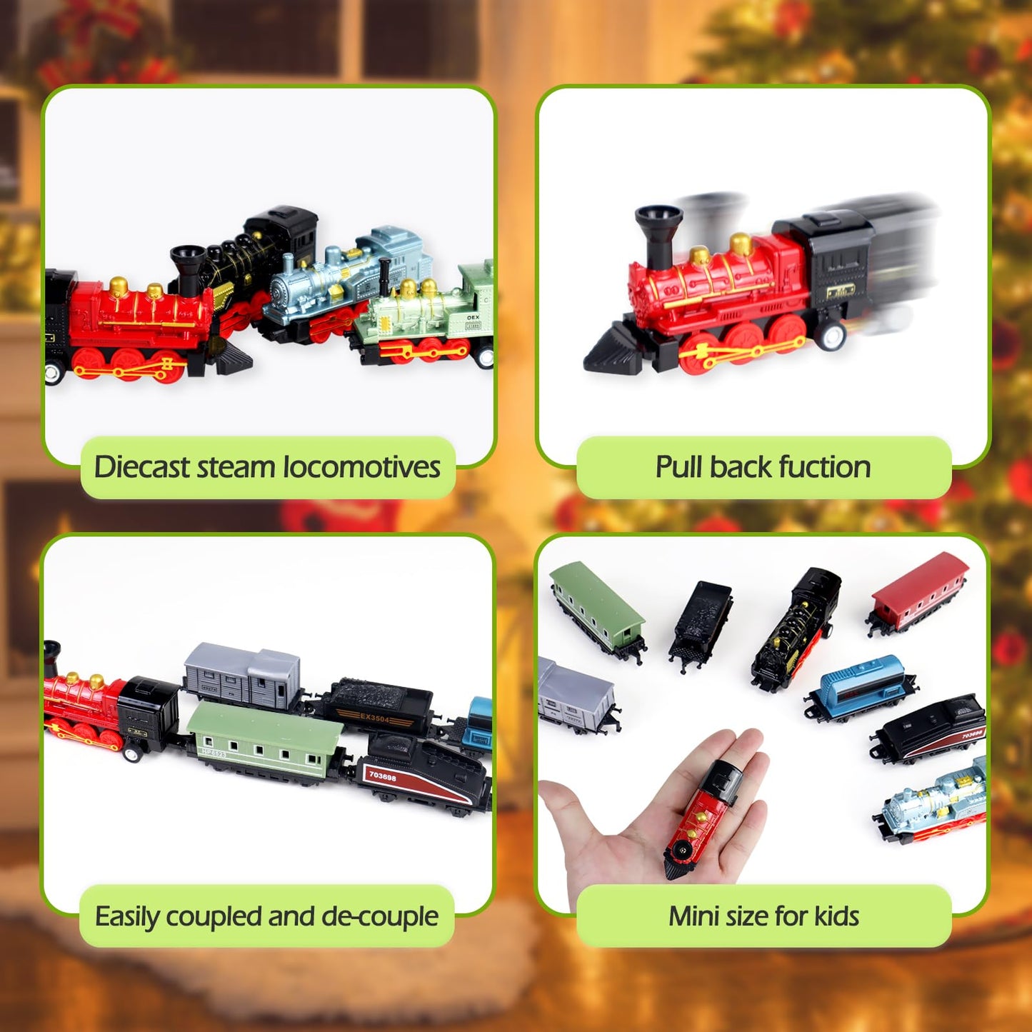 Corper Toys Mini Train Toy Set, 4 Packs (24 Pieces) Pull Back Model Train Playset For 3 4 5 6 Year Old Boys Girls, Diecast Steam Train With Linkable Cars For Birthday Gifts