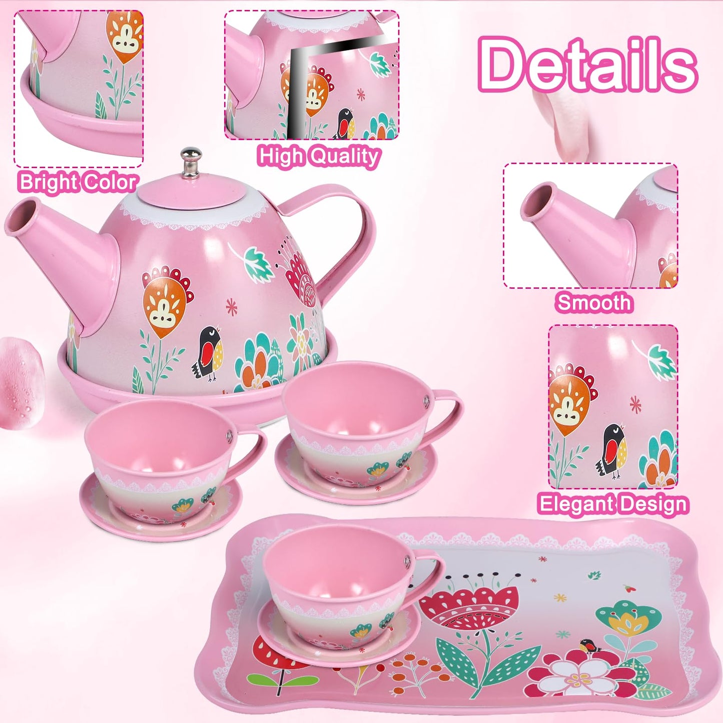 Tea Party Set for Little Girls,PRE-WORLD Princess Tea Time Toy Including Dessert,Cookies,Doughnut,Teapot Tray Cake, Tablecloth &