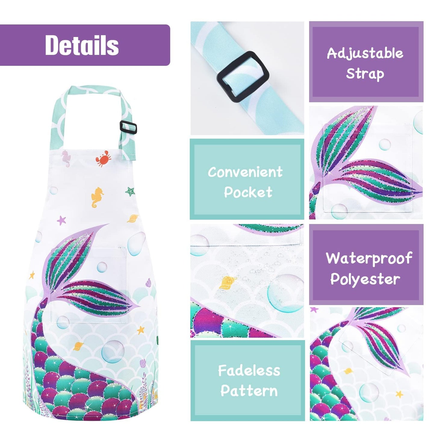 Wernnsai Mermaid Apron Set - Waterproof Chef Artist Cooking Aprons For Kids Girls Toddler Kitchen Apron With Adjustable Strap Pocket Chef Hat And Mittens For Baking Painting (Extra Small, 2-5 Years)