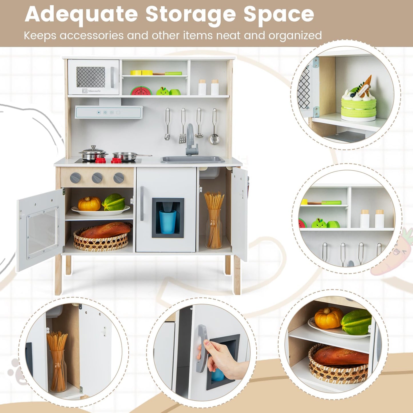 HONEY JOY Kids Kitchen Playset, Wooden Play Kitchen for Toddlers, Microwave, Range Hood, Ice Maker, 18 Cooking Accessories, Litt