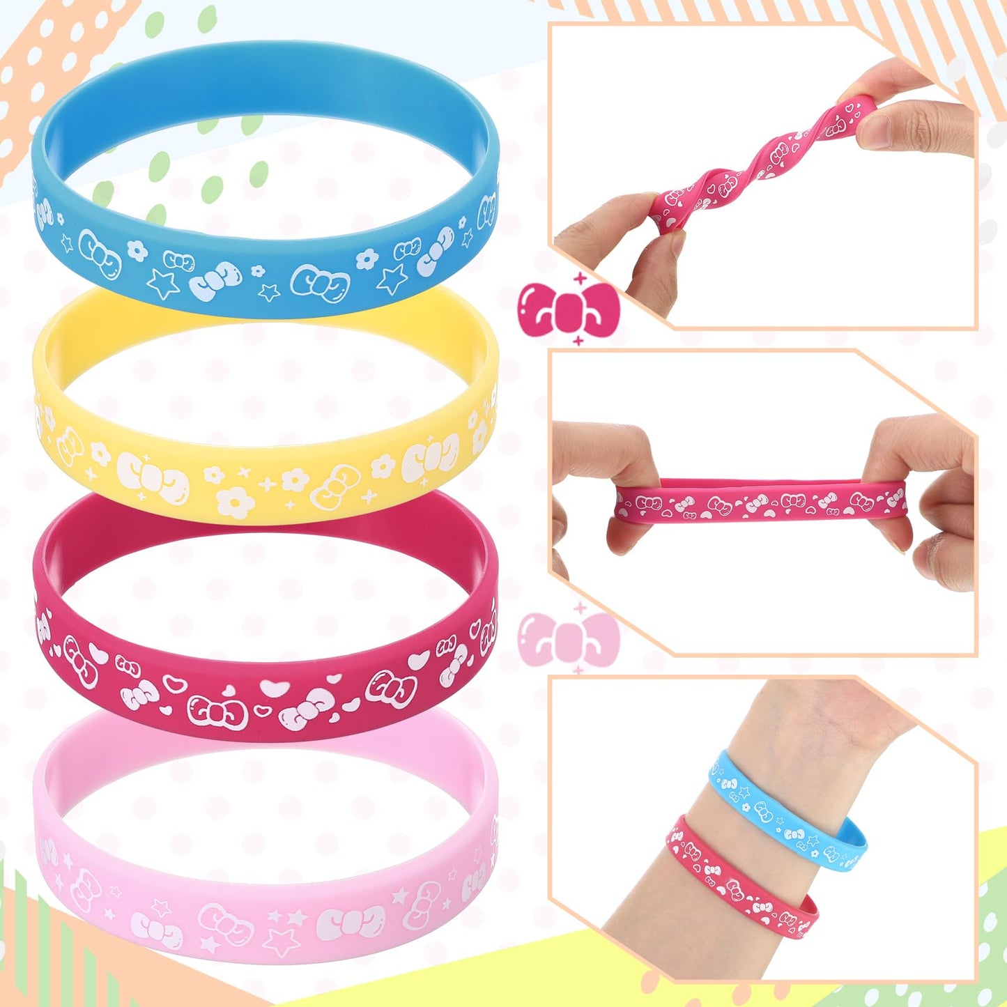 Landical 24 Pcs Cute Cartoon Pink Cat Party Favor Bow Tie Flower Patterns Silicone Bracelets Birthday Decorations For Cute Carto