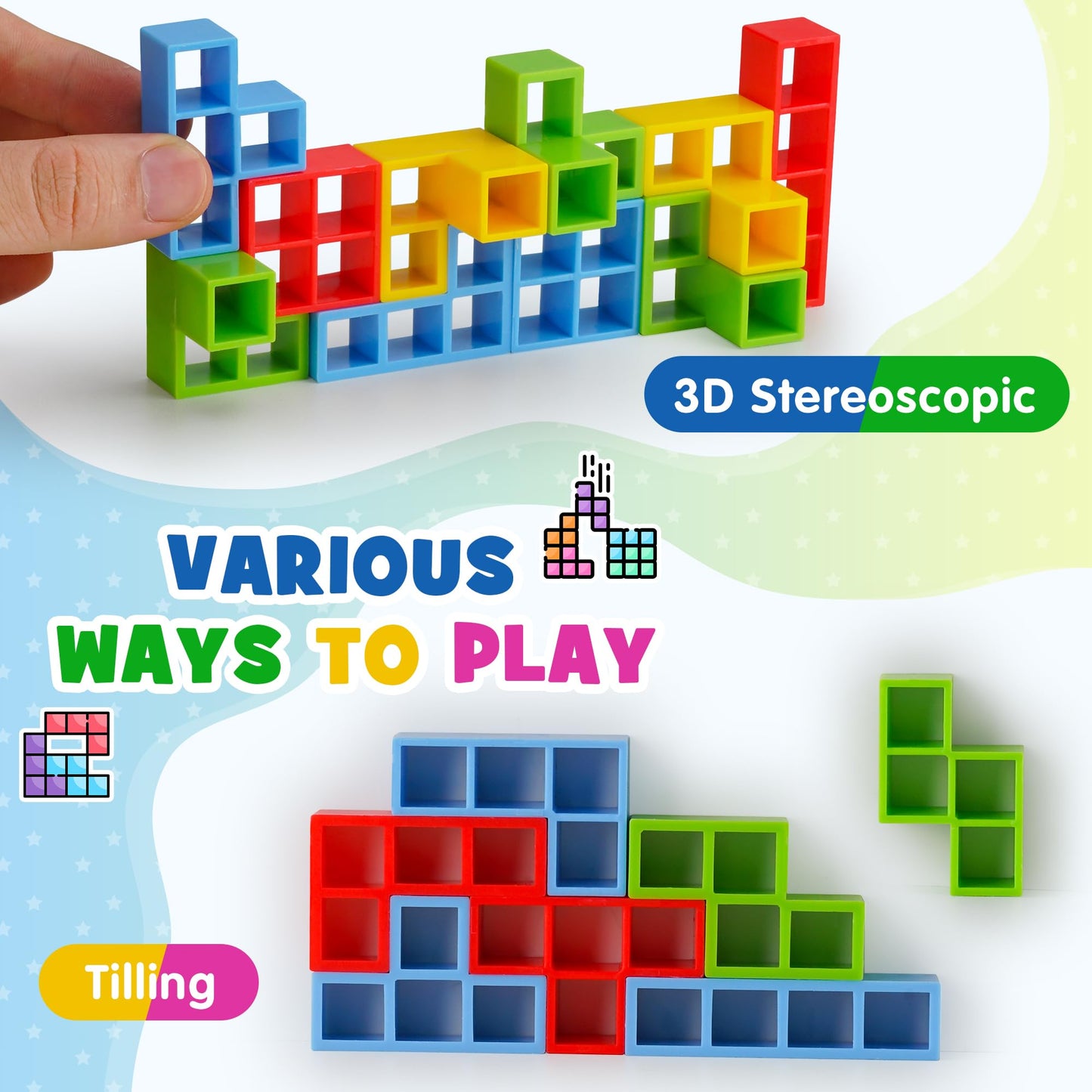 WOWNOVA 48PCS Tetra Tower Stacking Game - Colorful Building Blocks for Kids & Adults, Perfect for Family Game Night, Classroom & Parties