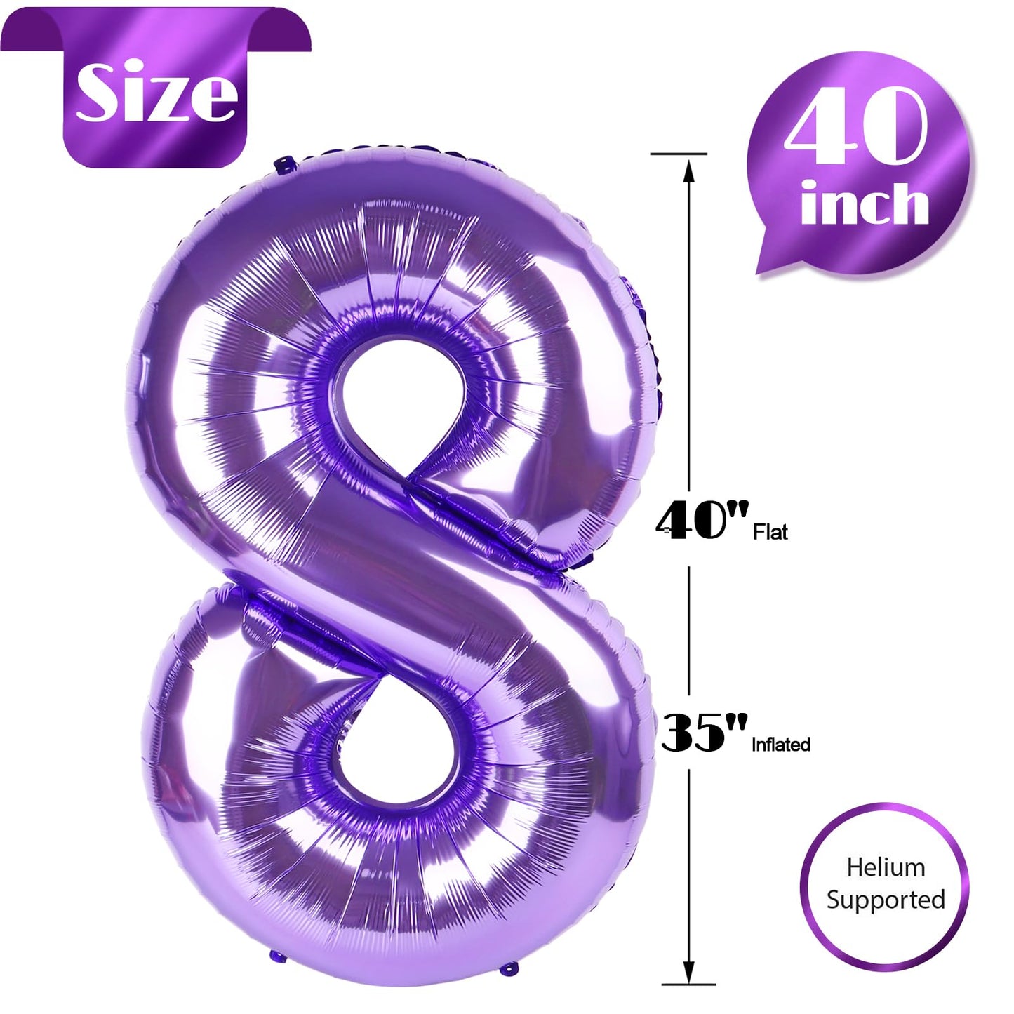 Purple 8 Balloon, Number Balloon 40 Inch, Purple Birthday Decorations, 8 18 28 38 80 Birthday Balloons, 8Th Purple Party Supplie