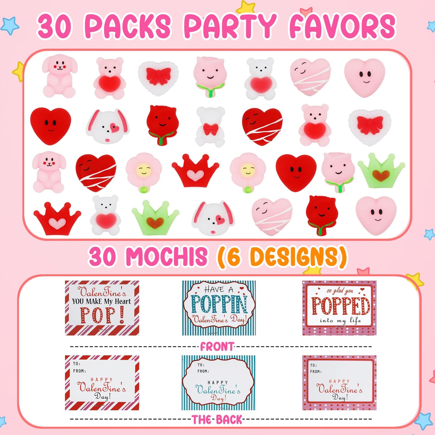 30 Pcs Mochi Squishys Toy, Valentines Day Gifts For Kids, Valentines Day Cards For Kids,Valentines Gift Birthday Party Favors Fo