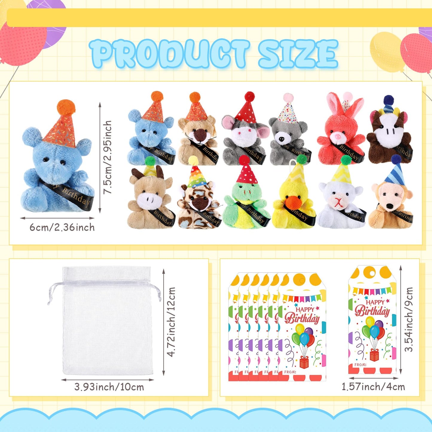 Wiwiqing 24 Set Birthday Mini Stuffed Animals Set Small Birthday Plush Toys Party Favors Soft Tiny Keychain Doll with Hats Gift