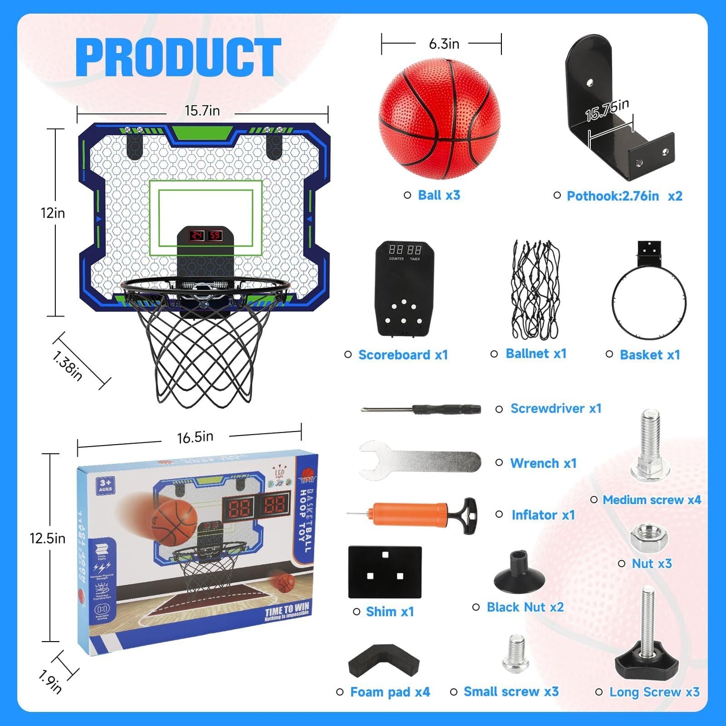 Vignuto Indoor Basketball Hoop For Kids(4-12 Years Old), Over The Door Basketball Hoop With Scoring, Countdown And Music Accompa