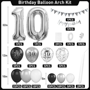 10Th Birthday Decorations Black Silver,10Th Birthday Balloon Garland Party Decorations With Number 10 Foil Balloons,Happy Birthd