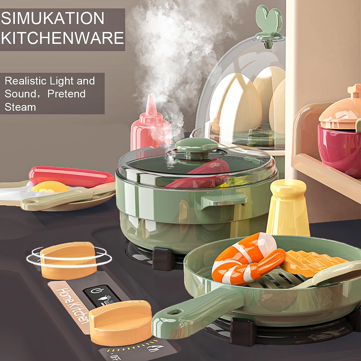 Play Kitchen - Kitchen Playset Pretend Food - Toy Accessories Set w/Real Sounds & Light, Play Sink, Cooking Stove with Steam, 65