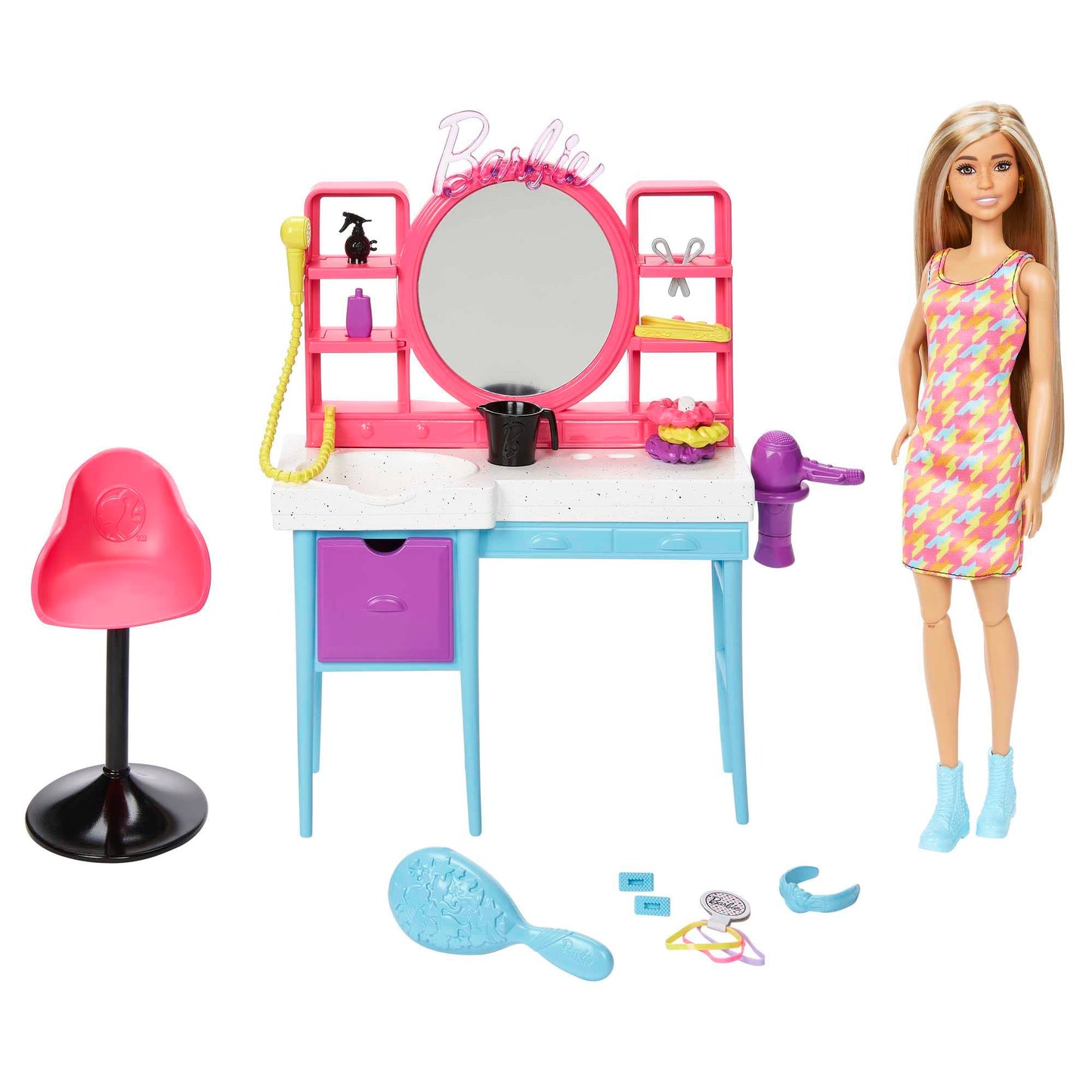 Barbie Doll And Hair Salon Playset With 15 Styling Accessories And Furniture, Long Color-Change Hair And Printed Dress