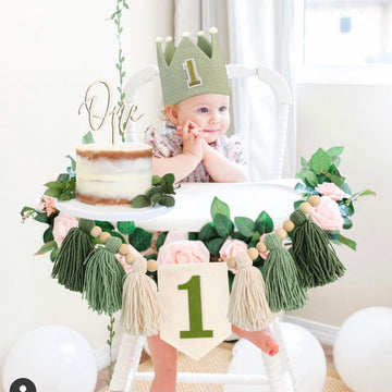 Handmade Boho 1st Birthday Wild One Green High Chair Banner Boho 1st Birthday Hat Decorations for Woodland Party for Girl Baby S