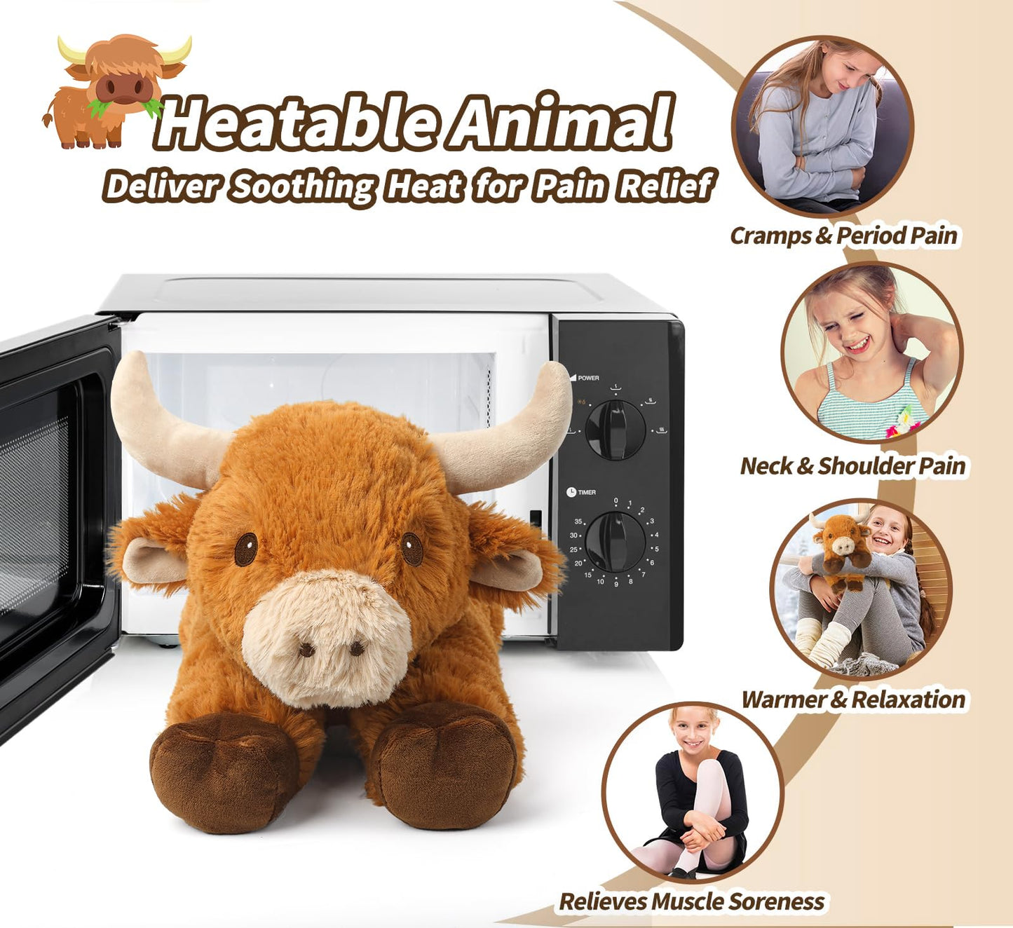Cuckool Warmable Bull Cow Stuffed Animals, Microwavable Stuffed Animals Heating Pad For Cramps, Pain Stress Relief, Heatable Coo