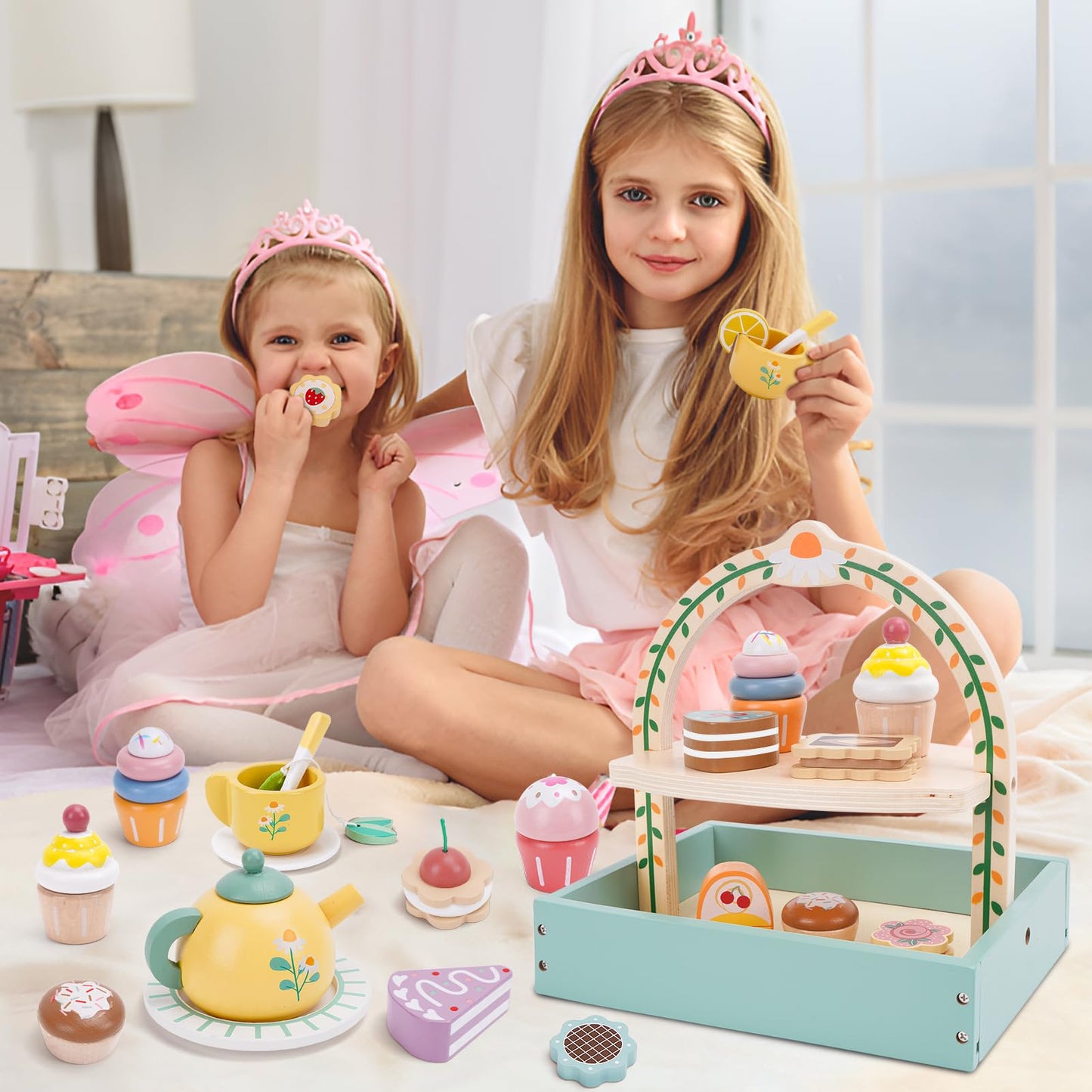 Wooden Tea Party Set for Little Girls, Tea Set Toddler Girl Toys, Pretend Play Tea Sets for Toddlers 3-5, Wooden Toys with Cupca