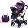 Bayer Design Dolls: Xeo Twin Pram: Stars Navy & Pink - Matching Handbag, Adjustable Handle, Dolls Up to 20, Ages 3+