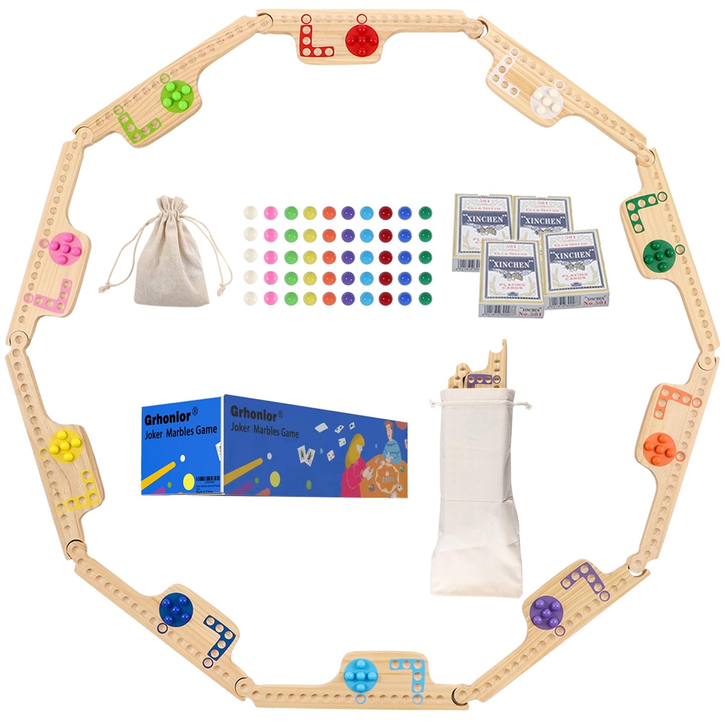 Grhonior 10 Players Marbles And Jokers Board Game Pegs And Jokers Card Wood Game Board Portable Multiplayer Boards Include 10 Co