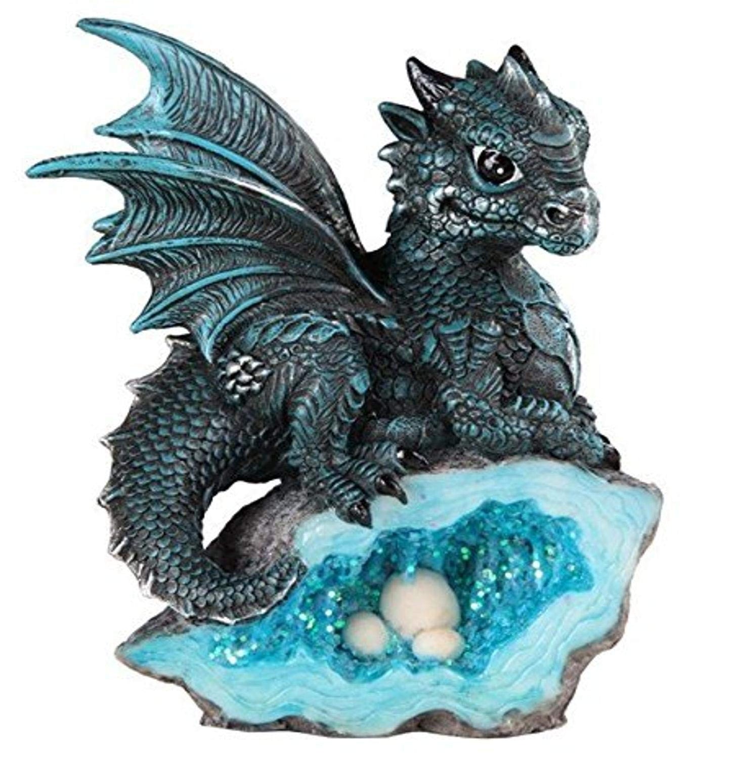 George S. Chen Imports Le Elegant 71581 Blue Medieval Baby Dragon With Crystal Egg Nest Decorative Figurine
