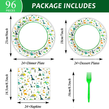 Wiooffen 96 Pcs Dinosaur Party Plates Napkins Watercolor Dinosaur Birthday Tableware Supplies Set Cartoon Dinosaur Disposable Di