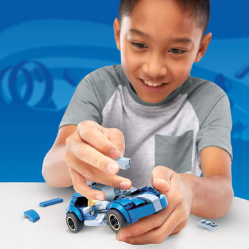 Mega Construx Hot Wheels Race Car Building Toys Set, Twin Mill With 111 Pieces, 1 Micro Action Figure Driver, Blue, Kids Ages 5+ Years