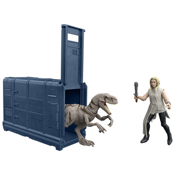 Mattel Jurassic World HFG63 Cage and Fury Dinosaur Set, Multi-coloured, Includes Exclusive Soyona & Atrociraptor Figures, Ages 4+