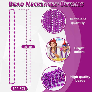 144PCS Mardi Gras Beads, Purple Bead Necklace Party Favors, 33'' Beaded Necklace Costume Bulk, Festival Parade Throw Accessories
