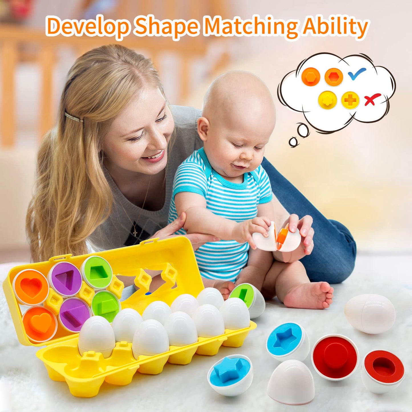 Moontoy Matching Eggs For Toddlers, 12Pcs Preschool Educational Learning Color & Shape Recognition Stem Toy- Montessori Geometri