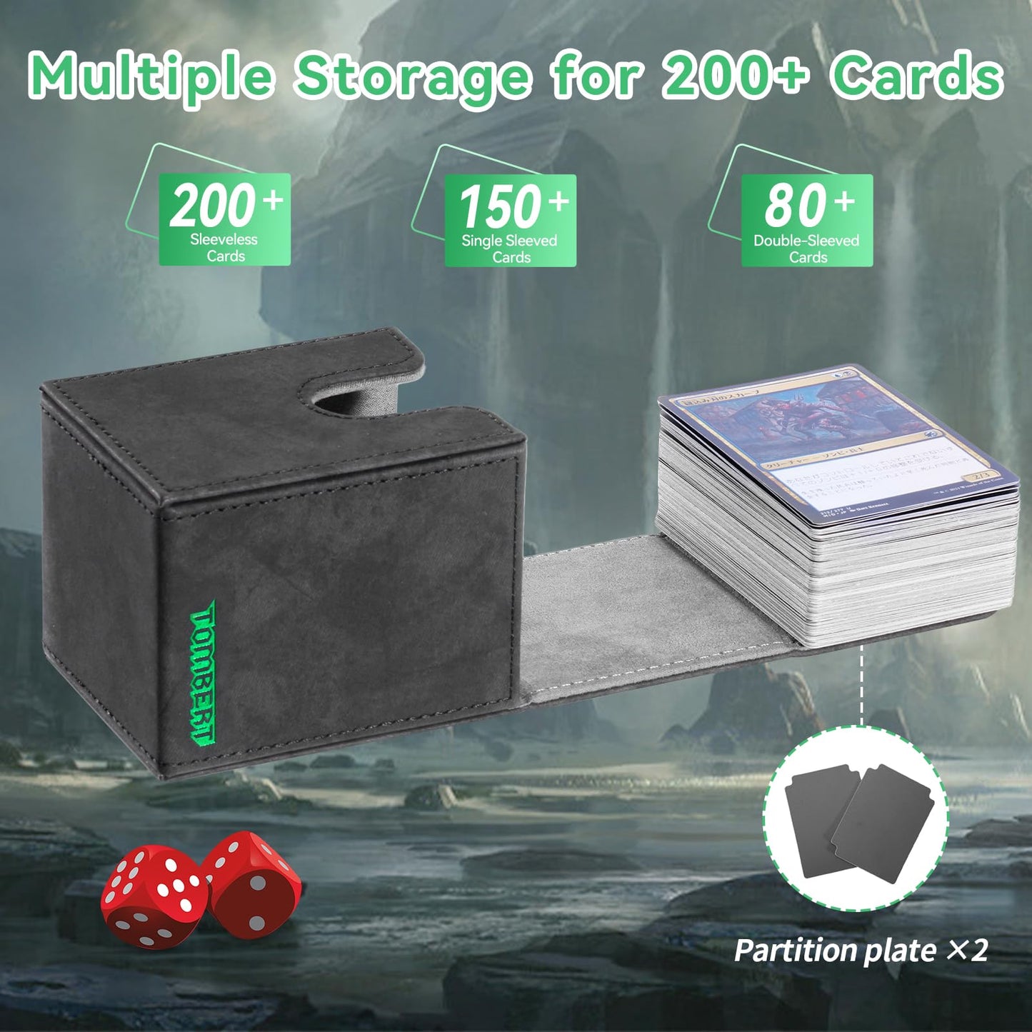 Tombert 150+ Premium Deck Box For Mtg, Ptcg, Large Capacity With 2 Dividers, Fits 150+ Sleeved Cards Tcg Trading Card Games (Gre